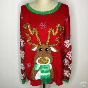 United States Sweaters Sweater Womens Size L Red Tinsel Reindeer Christmas